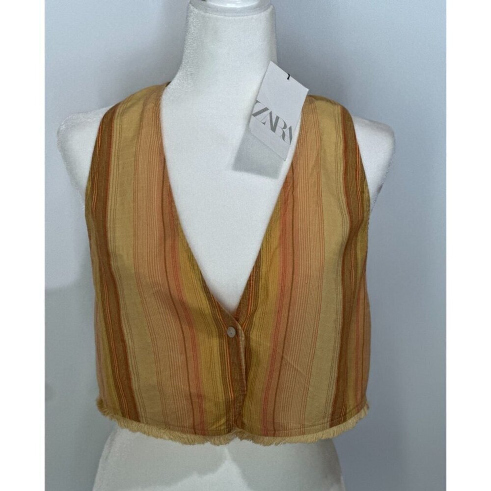 NWT ZARA Women Button Front Twist Back Crop Vest SZ XL Yellow Tan Brown Striped